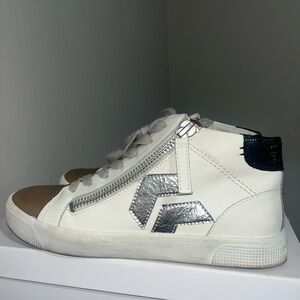 Stylish High-Top Sneakers - White, Silver, and Brown